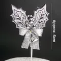 Silver Christmas holly leaf cake topper with bells and bow decoration, 6cm height - Christmas Berry Silver Leaf / Approx 6cm