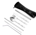 Portable stainless steel cutlery set with floral engraving in a black travel pouch - 7-Piece Black Floral Set