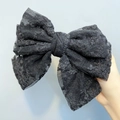 Large double-layered black lace bow hair clip with floral mesh pattern and spring clamp - Triple Layer / Black