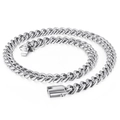 Polished silver stainless steel Cuban link necklace with secure clasp on white background - Steel Color Necklace (KN111378-Z)