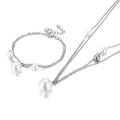 Elegant double-layered stainless steel necklace and bracelet set with white and grey pearls - Necklace & Bracelet Set / Steel Color (KS133386-Z)