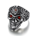 Gothic punk skull ring in vintage silver steel with three red zircon stone accents - US 14 / Vintage Silver(06507)