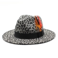 Gray leopard print fedora hat with wide brim, black ribbon, and feather decoration - M (56-58cm) / Gray