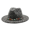 Detailed shot of leopard print fedora hat featuring a bohemian beaded strap and shells - M (56-58cm) / Gray