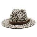 Detailed close-up of leopard print fedora hat with brown leather band and visible stitching - M (56-58cm) / Beige