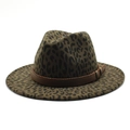Classic leopard print wool fedora hat featuring a brown leather band and wide flat brim - M (56-58cm) / Army Green