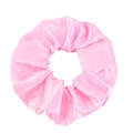 Close-up of pink satin hair scrunchie showing soft fabric texture and elegant pleats - Pink