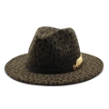 Leopard print wide brim fedora hat with gold feather buckle and black ribbon trim - M / Army Green