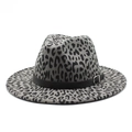 Wollen fedora hoed met luipaardprint, zwarte leren band en zilveren metalen gesp - M (56-58cm) / Grijs