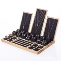 Bamboo and black velvet jewelry display stand for necklaces and rings in a 45-degree view - Black and Gray