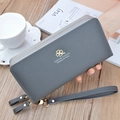 Dark grey double zipper wallet with litchi texture and clover metal logo for women - Gray