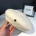 Elegant cream wool beret for women featuring white pearl trim and a metallic logo accent - M (56-58cm) / Beige with Pearls
