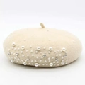 Detailed view of beige wool beret featuring elegant pearl and rhinestone embellishments - M (56-58cm) / Beige with Rhinestones