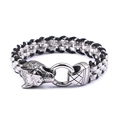 Punk style stainless steel wolf head braided leather bracelet with silver ring clasp - Wolf Head Braided Style (KB93853-BD)
