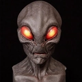 Realistic grey alien mask with glowing orange eyes and detailed skin texture for Halloween - Dark Grey Glowing Eyes Alien