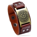 Bracciale vichingo in pelle marrone con piastra in rune Vegvisir e bottoni in metallo - Bronzo Antico