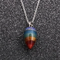 Rainbow teardrop natural stone pendant necklace with silver chain on black background - 7 Chakra Water Drop