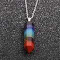 Silver stainless steel chain necklace with hexagonal colorful chakra stone pendant - 7 Chakra Hexagonal Column