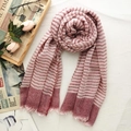 Pink and white striped wool scarf with fringe edges on a minimalist aesthetic background - Wine Red Striped