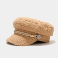 Detail of beige lamb wool baker boy hat with gold braided rope and vintage metal button - M (56-58cm) / Khaki