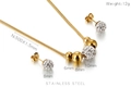 Golden stainless steel jewelry set with sparkling zircon spheres and beaded necklace chain - Gold Polished and Full Rhinestone Ball Set (KS69979-Z)
