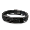Men's braided leather bracelet with black stainless steel clasp in minimalist style - Black (19cm)