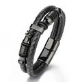 Bracciale multistrato da uomo in pelle bovina intrecciata nera con chiusura magnetica in acciaio - Nero