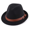 Klassischer schwarzer Filzhut für Damen und Herren mit braunem Lederband und Metallschnalle - M (56-58cm) / Schwarz