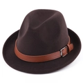 Classic dark brown fedora hat with light brown leather belt buckle in wool felt - M (56-58cm) / Coffee