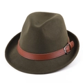 Classic olive green fedora hat with brown leather band and silver buckle for men and women - M (56-58cm) / Army Green