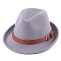 Classic grey felt fedora hat for men and women with brown leather band and metal buckle - M (56-58cm) / Light Gray