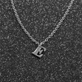 Close-up of silver stainless steel O-chain necklace featuring a capital letter E pendant - Steel E