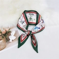 Elegant white silk-like narrow scarf with green border and floral bird print design - Floral Bird Beige Green