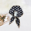 Elegant narrow black silk scarf with white floral print and golden brown edges - Black Small Floral