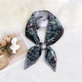 Narrow silk scarf with tropical palm leaves and pink flamingo print in grey - Tropical Bird Black