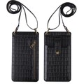 Crossbody phone bag in black crocodile pattern PU leather with bronze hardware and strap - Black