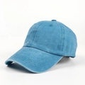 Detail of lake blue washed cotton baseball cap showing stitching and ventilation eyelets - Adjustable / Cyan Blue