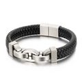 Men's black braided leather bracelet with interlocking brushed silver metal links - 21.5cm Matte Steel