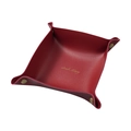 Red faux leather desktop storage tray with bronze snap buttons and gold lettering - Burgundy