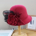 Elegant wine red wool felt bowler hat with mesh flower decoration and feathers for women - Adjustable / Burgundy