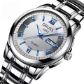 Silver stainless steel business quartz watch with blue Roman numerals and day-date display - Silver White Dial Blue Hands (Double Calendar)