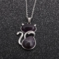 Collana in acciaio inossidabile argento con pendente a gatto e due gemme viola scuro - Ametista Gatto
