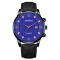 Detail view of quartz watch with blue sunray dial, rhinestone markers, and date window - Blue Dial Rose Gold Hands Black Case Black Strap