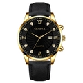 Close-up of Geneva men's quartz watch with black dial, rhinestones and date window - Black Dial Gold Case Black Strap