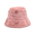 Detail view of the pink faux rabbit fur texture on a warm winter bucket hat for women - M (56-58cm) / Pink