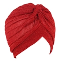 Detail view of the red glitter turban hat featuring a stylish cross-knot pleated design - One Size / Red