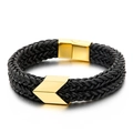 Pulsera de cuero trenzado negro de doble capa para hombre con cierre magnético de flecha dorada - Dorado (KB138681-KFC)