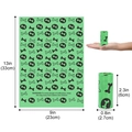 Biodegradable green dog poop bag with bone print, roll and flat dimensions displayed - 1 Micron Biodegradable Green Bone