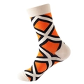 Mid-calf cotton crew socks featuring bold orange and black geometric diamond patterns - No. 133 Orange White Diamond