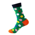 Green mid-calf socks featuring colorful polka dots with orange heel and toe contrast - No. 142 Grass Green Polka Dot
